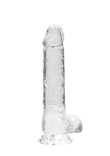 clear 8 inch dildo against white background