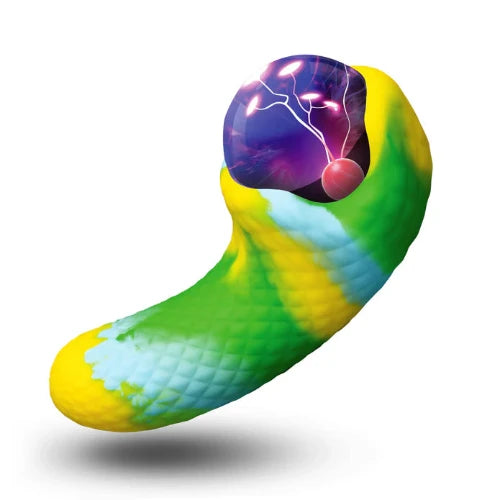 electric eye dildo - textured green and yellow base and purple plasma eye - against white background