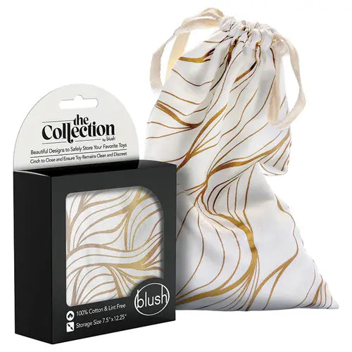 Embrace sex toy storage bag cream and gold - packaging on the left with bag on the right