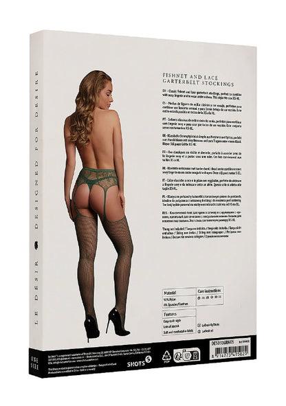 emerald green stockings back of package with image of model and product details