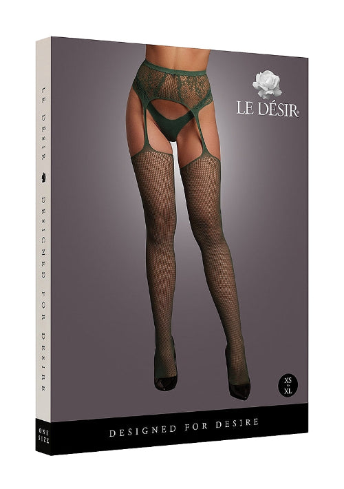 emerald green stockings front of package with image of model from the waist down