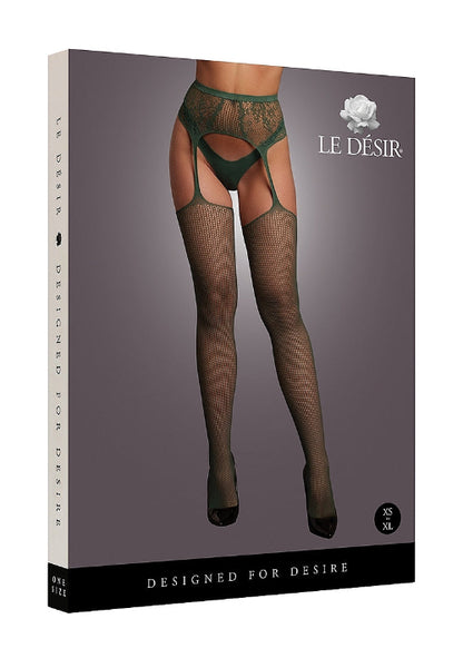 emerald green stockings front of package with image of model from the waist down