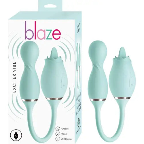 Blaze Exciter aqua and white box on left with blaze exciter aqua toy on right