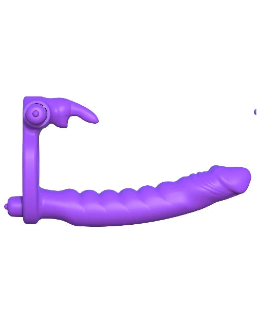 purple double penetrator sex toy against white background