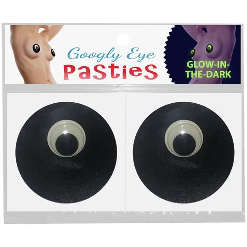 Google eye pasties - black circles with google eyes, with model wearing them on breasts