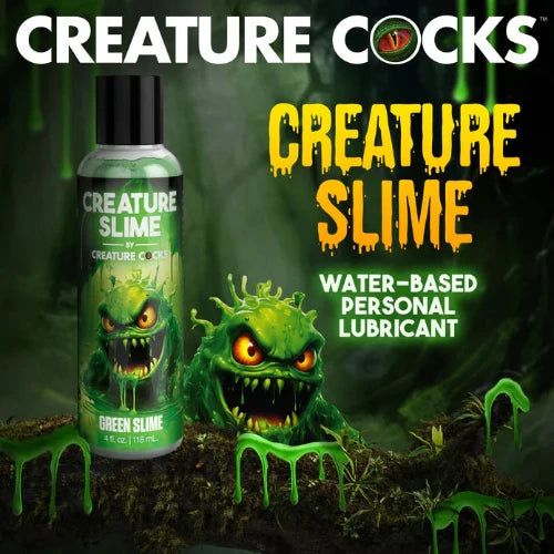 green creature slime with image of green monster and bottle of lubricant