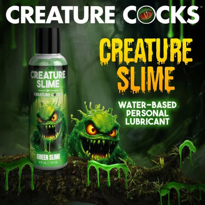 green creature slime with image of green monster and bottle of lubricant