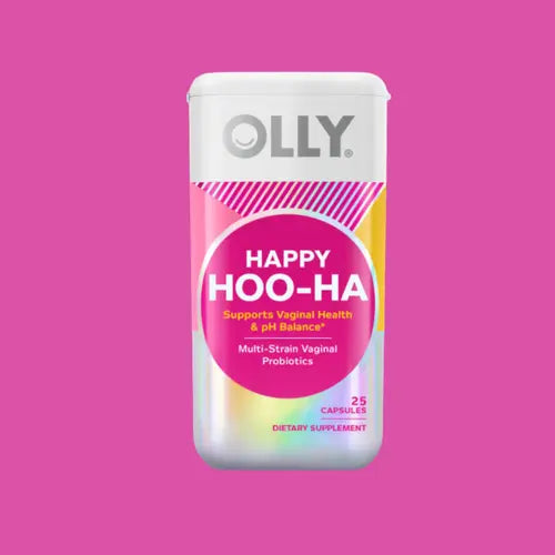 olly happy hoo ha pink jar with white lid - magenta background