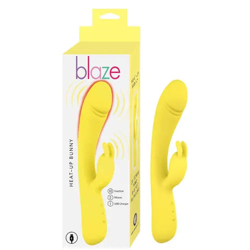 Blaze Heat Up Bunny Vibrator - yellow and white package on the left, with yellow vibrator on the right
