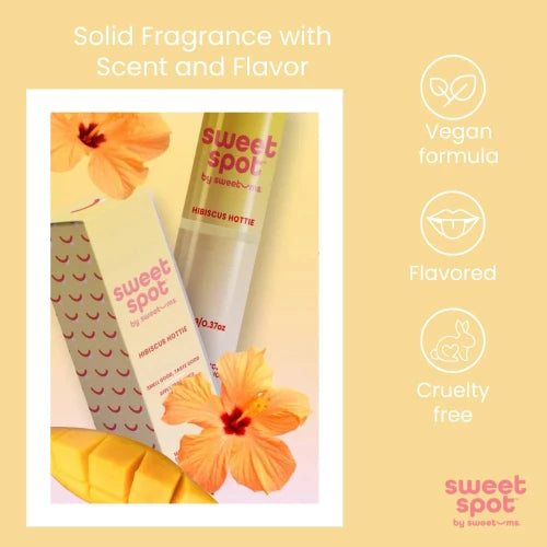 yellow fragrance stick with mango and hibiscus flowers next to product details