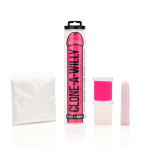 hot pink clone a willy kit with all materials on white background