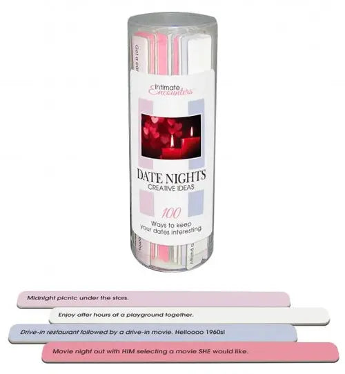 tube full of colorful sticks with a label that says "Date Nights Creative Ideas"