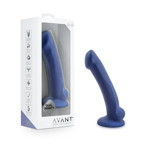 avant indigo mini dildo - white box on left, dark blue dildo on right