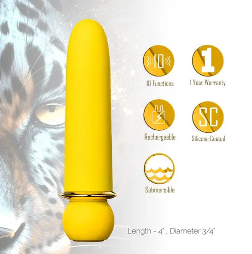 Yellow JAGUAR bullet vibrator next to product details with fierce jaguar eye on left