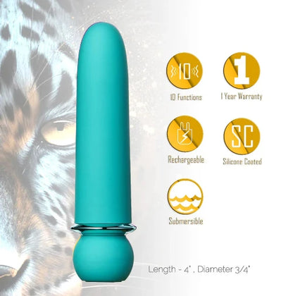 maia blue vibrator against background with fierce big cat image - next to product details