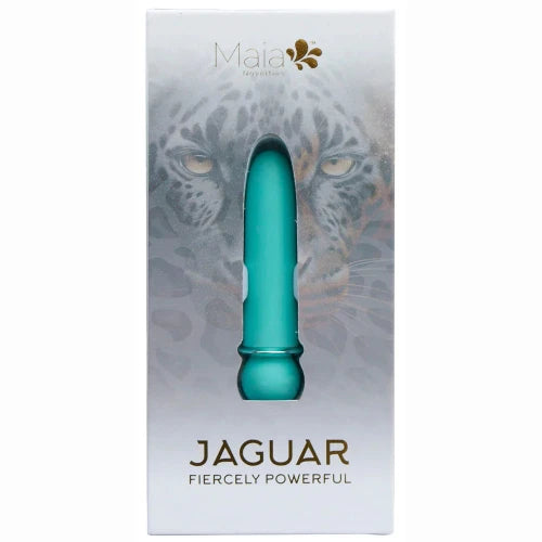 maia blue vibrator in silver package with big cat image
