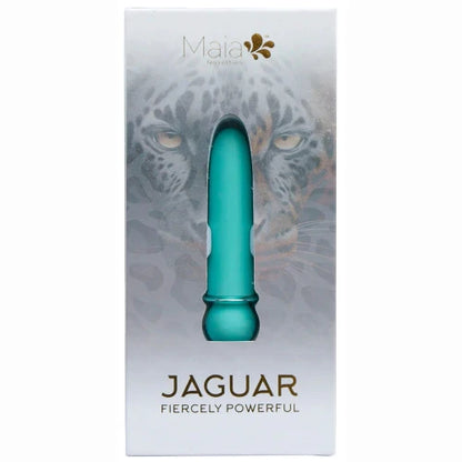 maia blue vibrator in silver package with big cat image