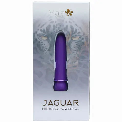 Jaguar sleek purple vibrator in silver packaging with jaguar face in background
