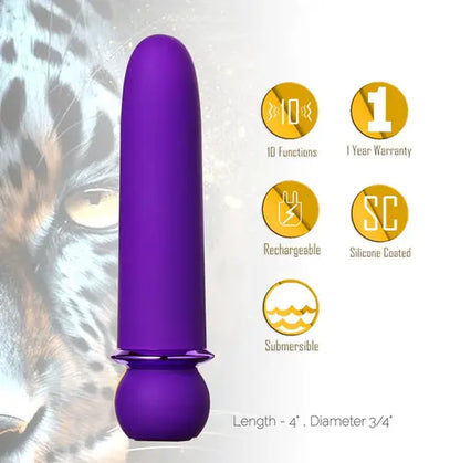 Jaguar purple vibrator next to product details. Fierce jaguar face in background l