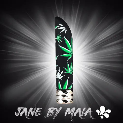 Jane Cannabis Design Bullet Vibrator against black and white background with words "Jane by maia"