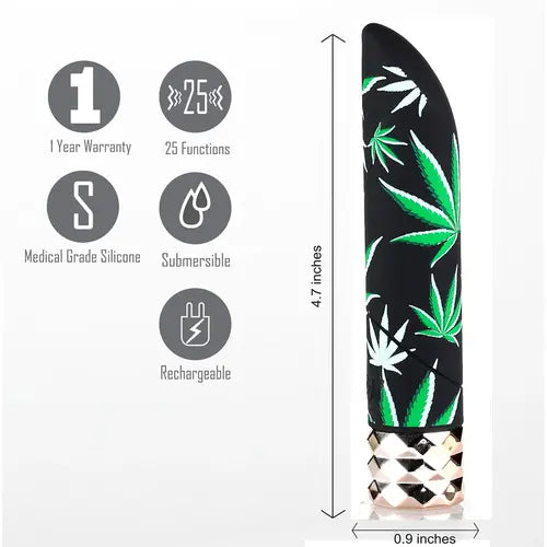 Jane Cannabis Design Bullet Vibrator next to product details