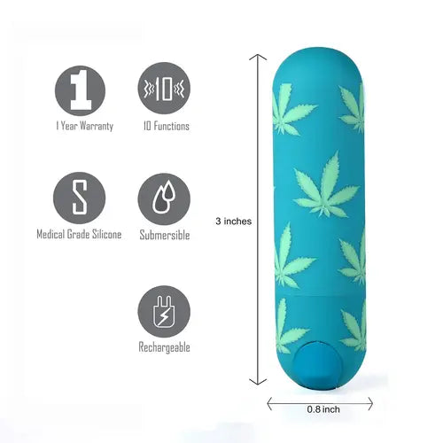 Jessi bullet vibrator - emerald with hemp leaf print next to product details