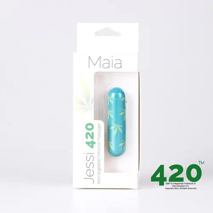 Jessi bullet vibrator - emerald with hemp leaf print in white package