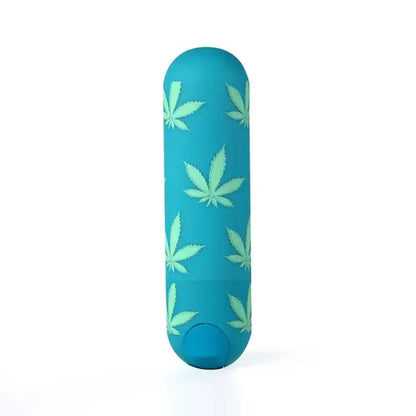 Jessi bullet vibrator - emerald with hemp leaf print against white background