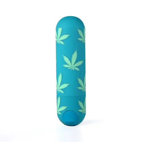 Jessi bullet vibrator - emerald with hemp leaf print against white background