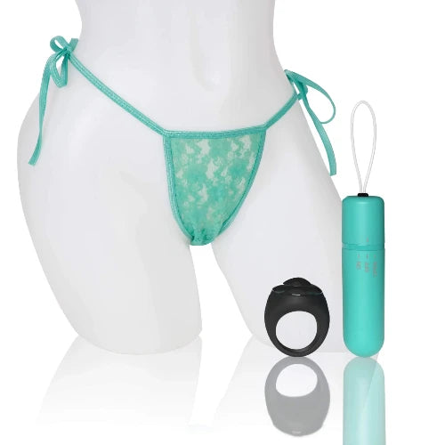 kiwi panties on mannequin next to green bullet vibe and black ring remote