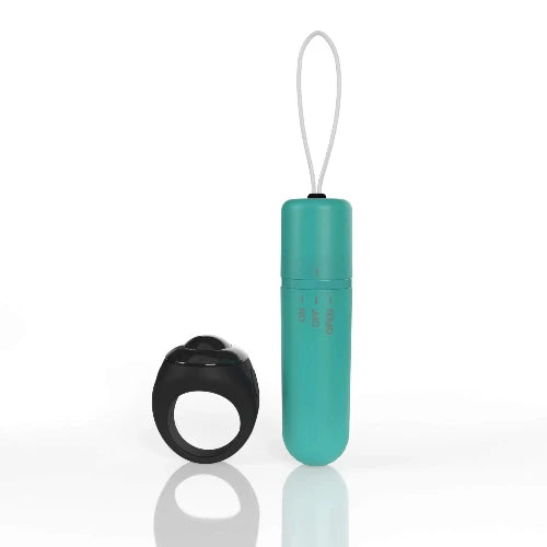 Turquoise electronic device with a black ring-like component on a white background