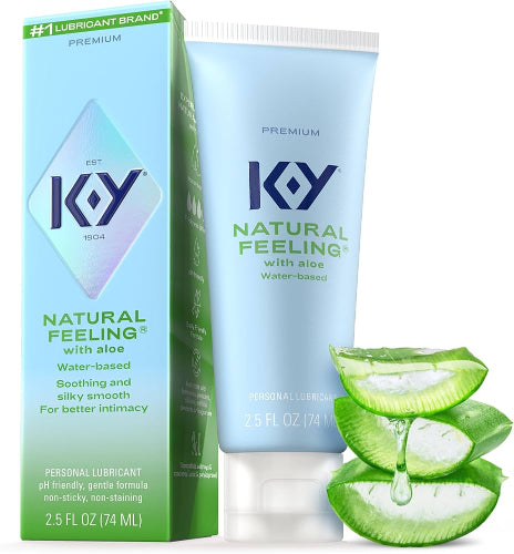 ky natural feeling lube package and tube next to aloe slices