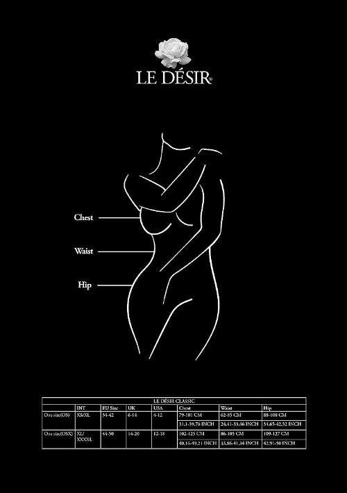 le désir lingerie size guide - female form image against black background with size chart