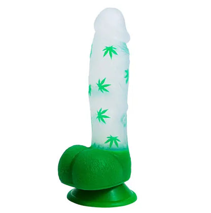 Cannabis print suction cup dildo against white background