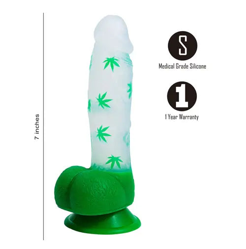 Cannabis print suction cup dildo next to product details