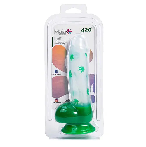 Cannabis print suction cup dildo in package