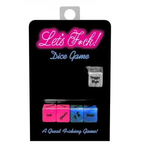 black package with neon pink words saying "lets f*ck" two pink dice, two blue dice, and one silver die
