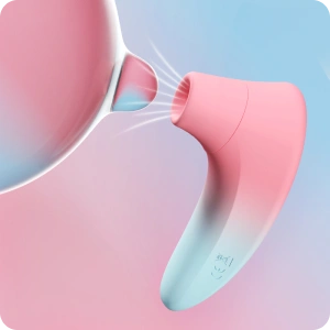 pink and blue suction sex toy against pink and blue knob shape