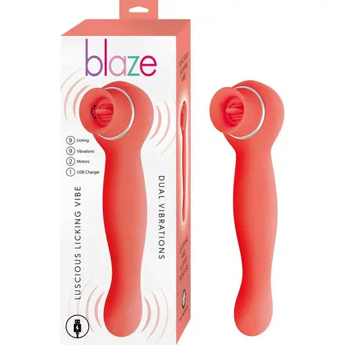 Lucious Licking Vibrator - coral and white box on left, coral vibrator on right