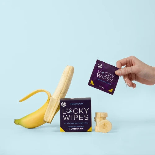 Lucky Wipes packaging with a banana on a light blue background