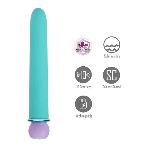 blue maia bullet vibrator with purple handle and product details