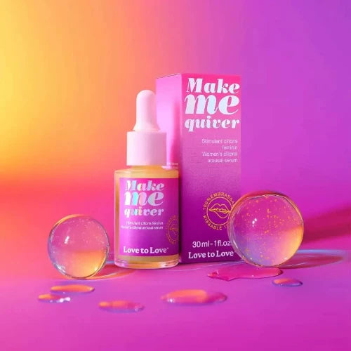 make me quiver arousal serum - a bottle and package in front of pink and yellow background