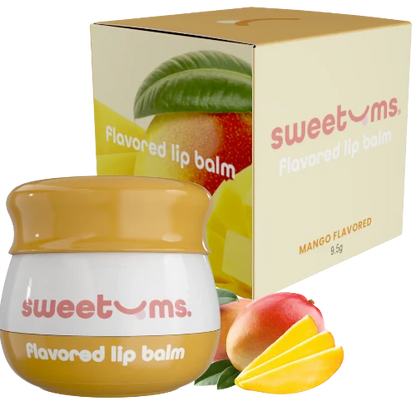 Mango-flavored lip balm with packaging featuring mangoes and 'sweetms' branding.