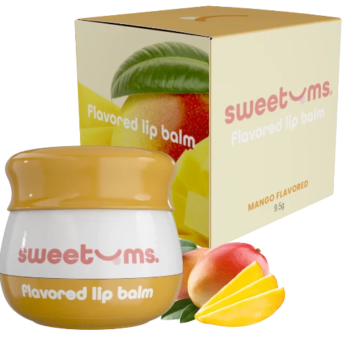 Mango-flavored lip balm with packaging featuring mangoes and 'sweetms' branding.