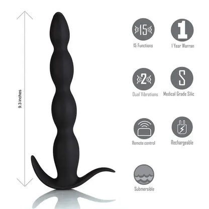 MASON black butt plug on left with product details listed on right