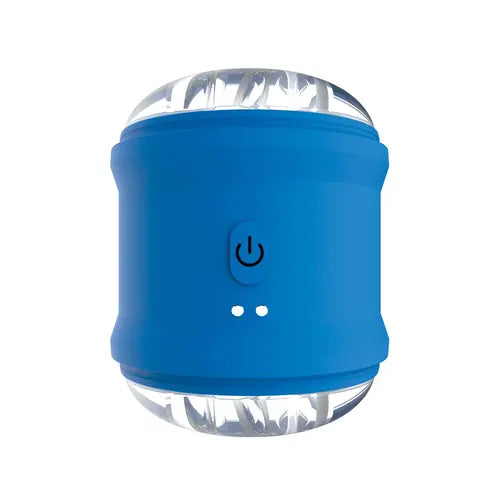 side view of Royale masturbator cylinder toy - blue with power button