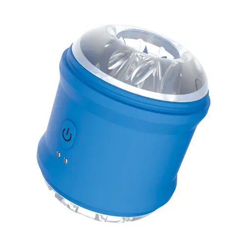  Royale masturbator cylinder toy - blue with cap off to show silver tunnel
