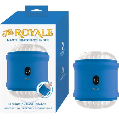 royale masturbator cylinder - blue and white box next to blue masturbator toy