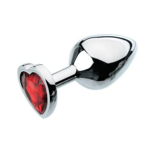 medium metal butt plug with red heart shaped gem - white background