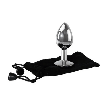 medium metal butt plug on top of soft black storage bag